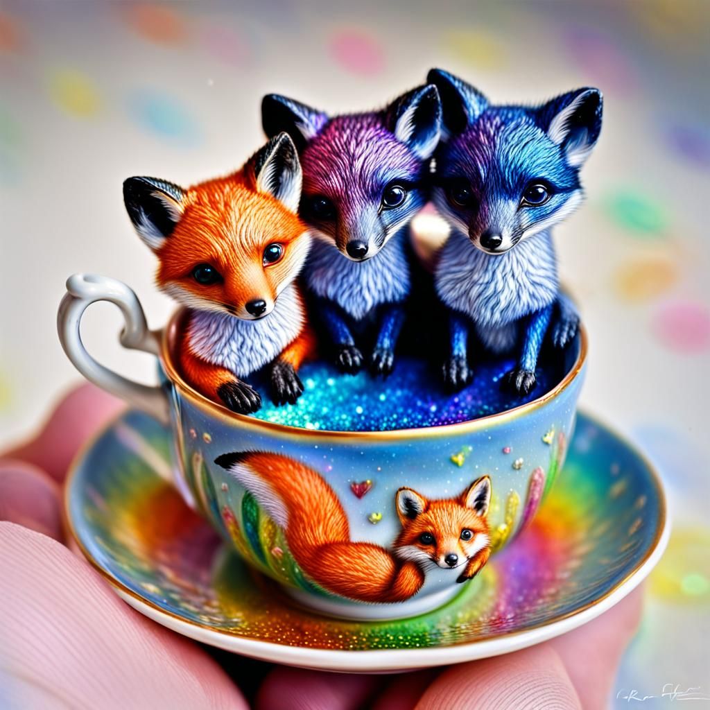 glitter rainbow miniature foxes in a teacup
