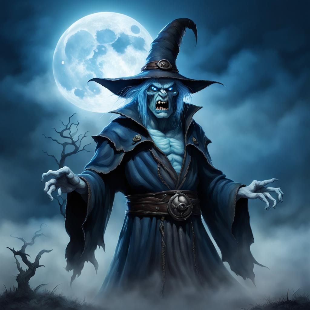 a angry spooky sorcerer with blue blomming eyes lit only by moonlight ...