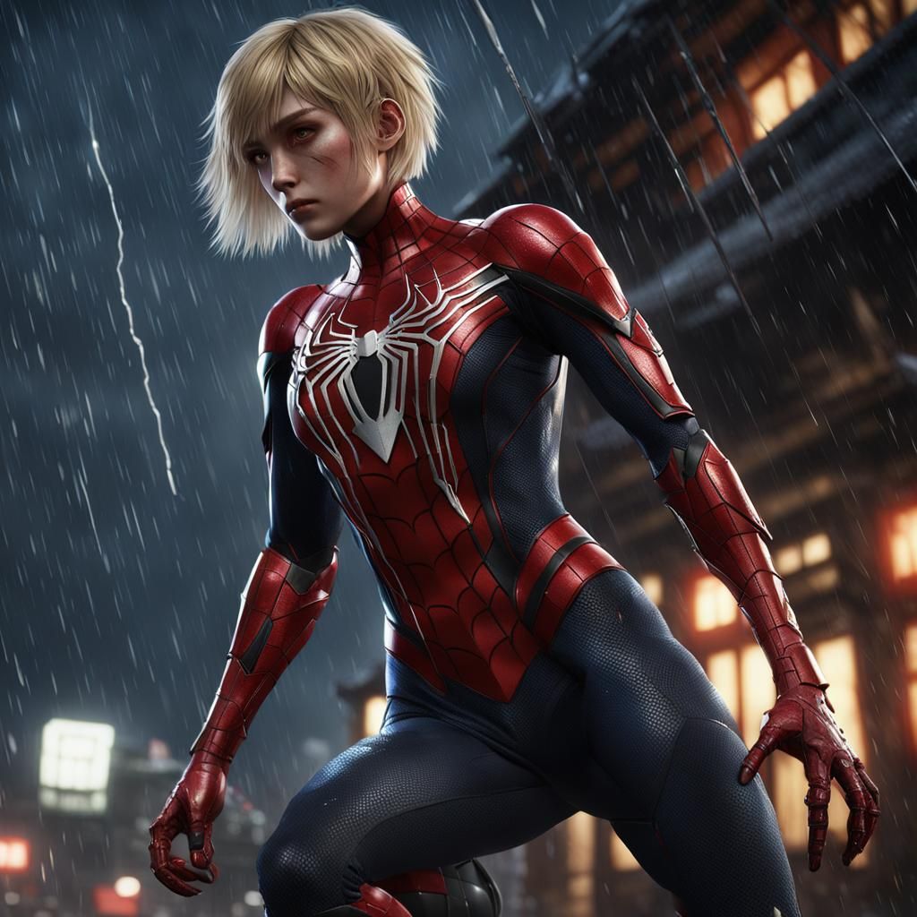 18 yo girl, dark red armored spider man suit, short blunt ha...
