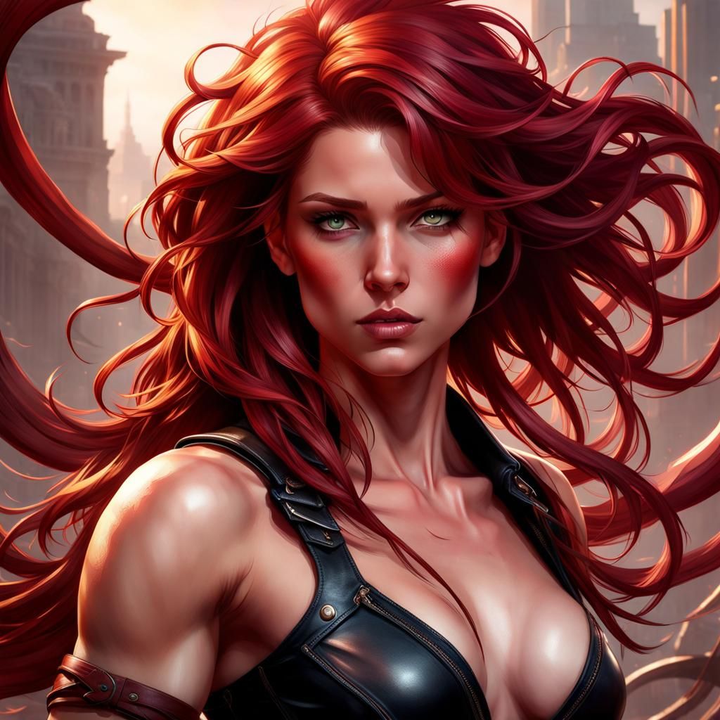 Beautiful muscular red haired tomboy, captured by tentacle monster, wearing  ripped leather that shows off her bosom and chest, exhausted, r... - AI  Generated Artwork - NightCafe Creator