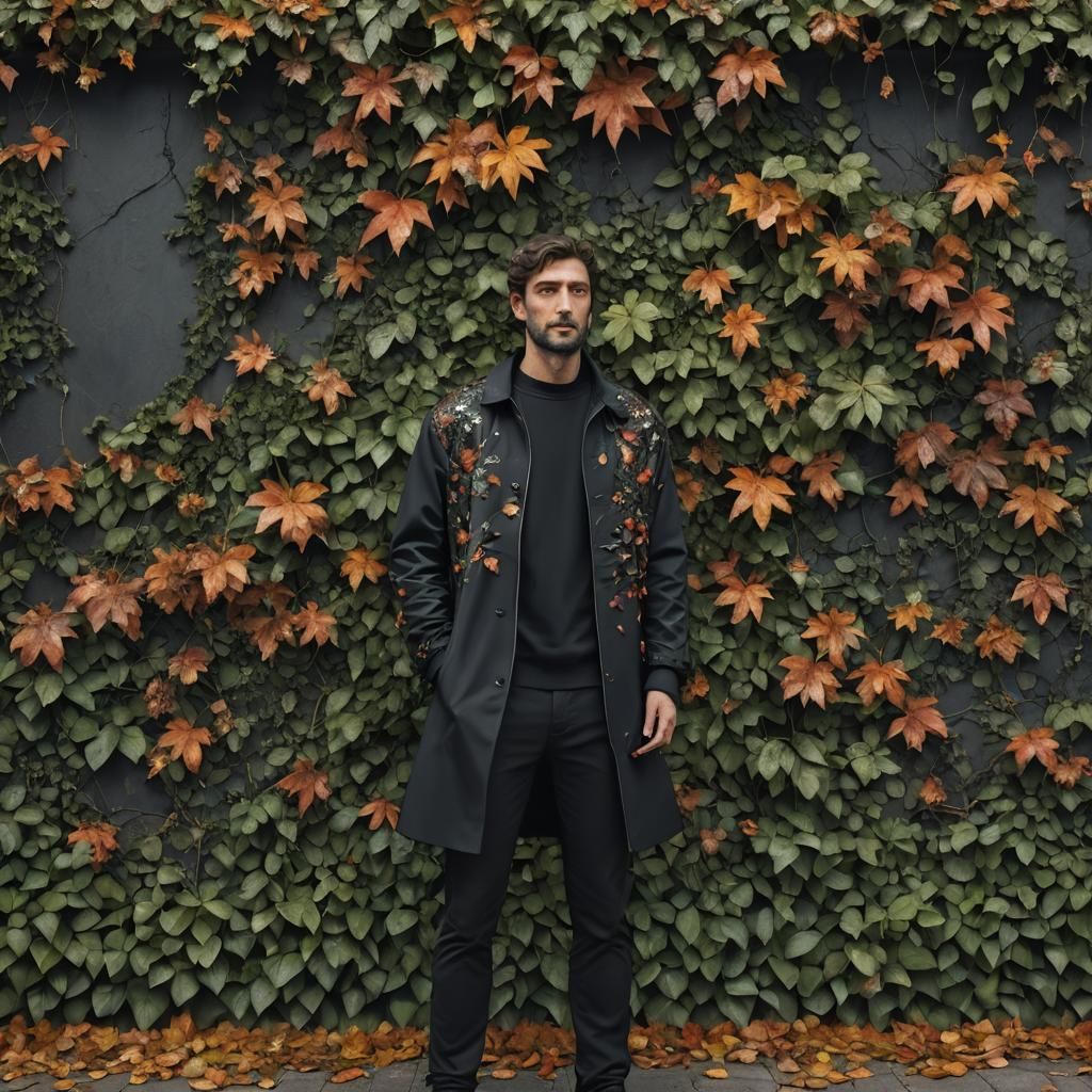 a man standing next to a wall covered in leaves and plants w...