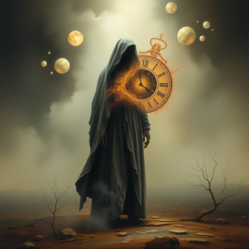 Surreal Figure Adrift in a Melting Clockwork Labyrinth