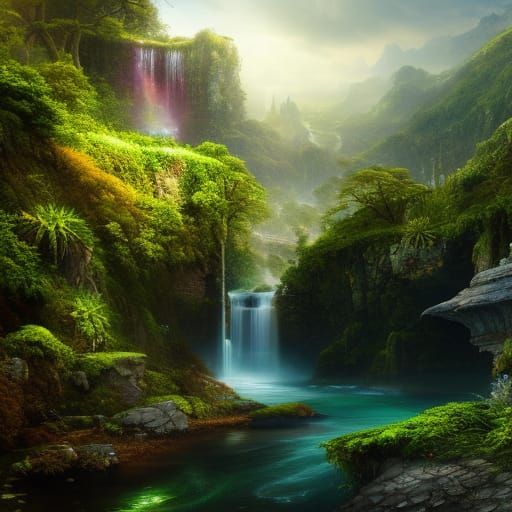 a waterfall on green nature🌳🌲🌴 - AI Generated Artwork - NightCafe Creator