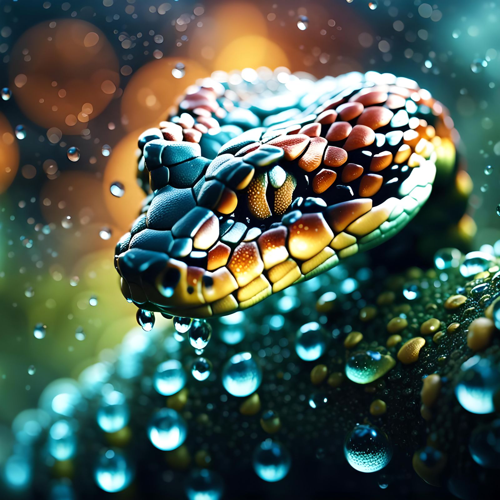 Macro Snake on Dewy Planet in Digital Art Style