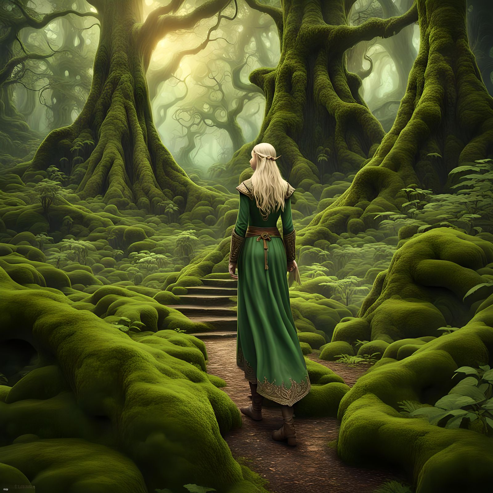 A beautiful blonde elf maiden strolling through a lush verda...