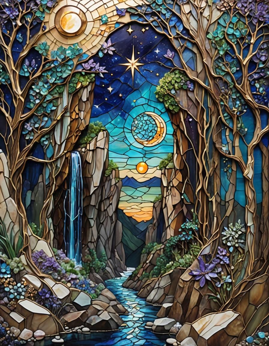 Stained glass, mosaic, looming overhanging tall cliffs chasm...