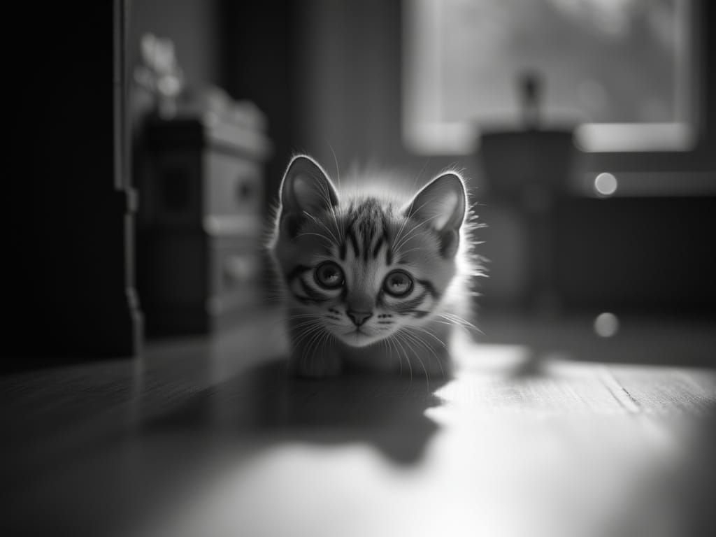 <lora:Double BlackWhite v1:1.0> A cute kitten playing with its shadow. Interior. Black and white photo.