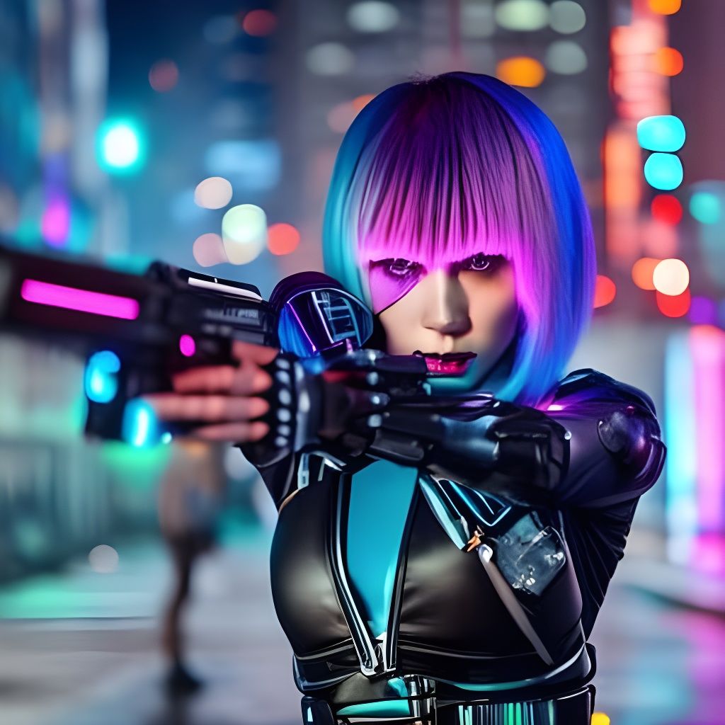 cyberpunk cyborg woman pointing gun