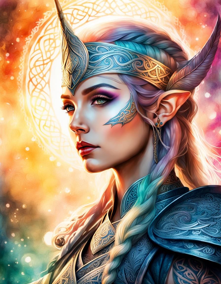 Mystical Elven Warrior Portrait with Celtic Tattoos