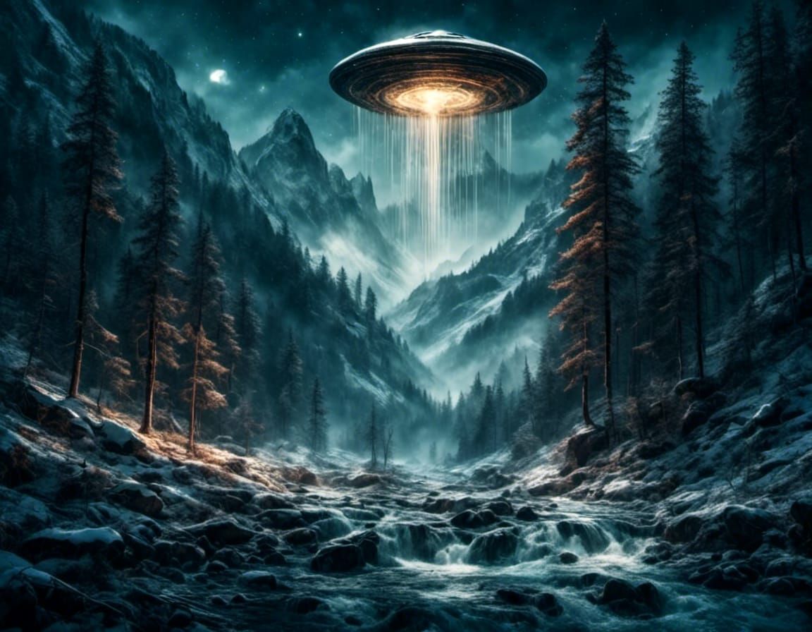 a UFO hovering over a Bigfoot in a beam of light A moonlit m...