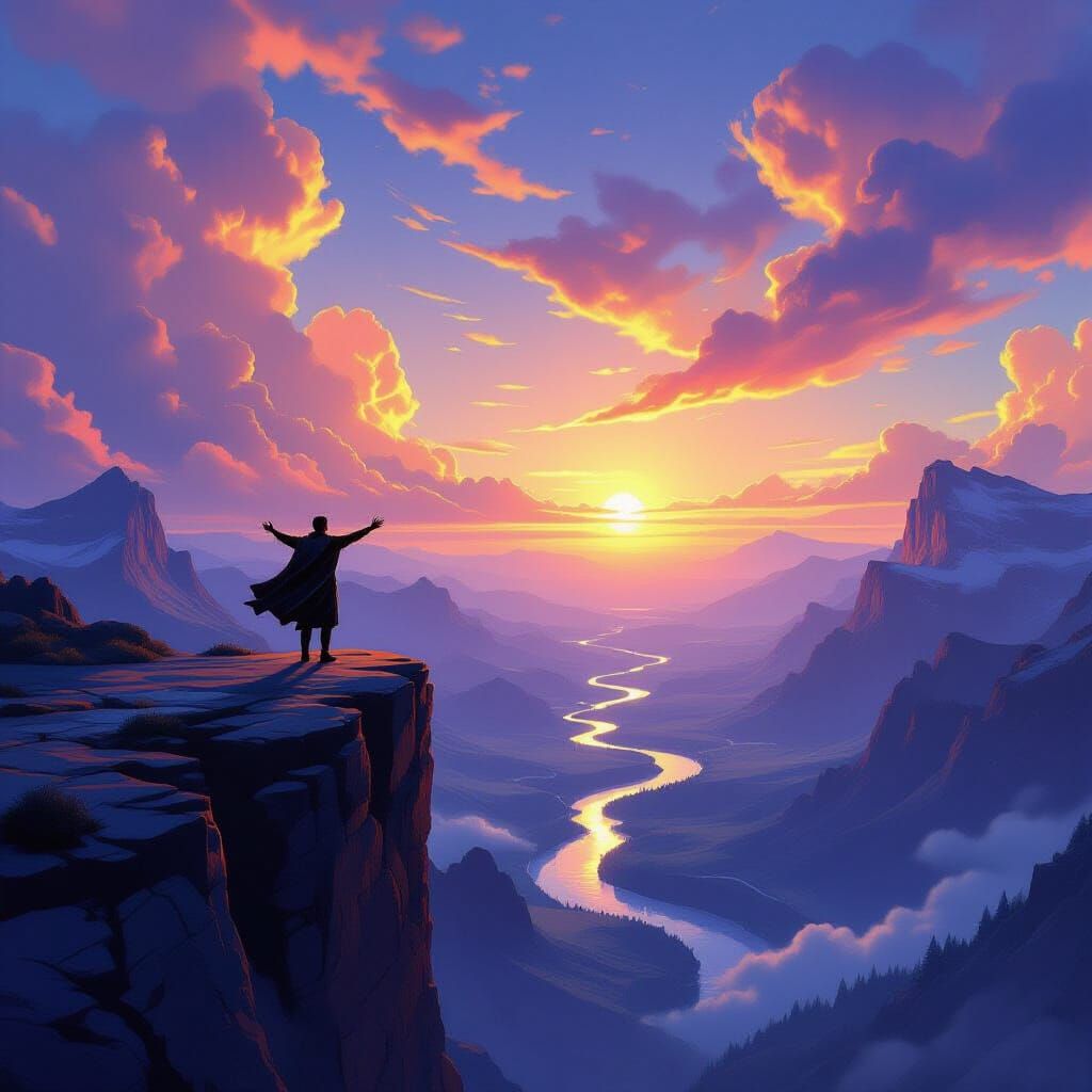 Man Awestruck on Cliff Edge Overlooking Epic Fantasy Landsca...