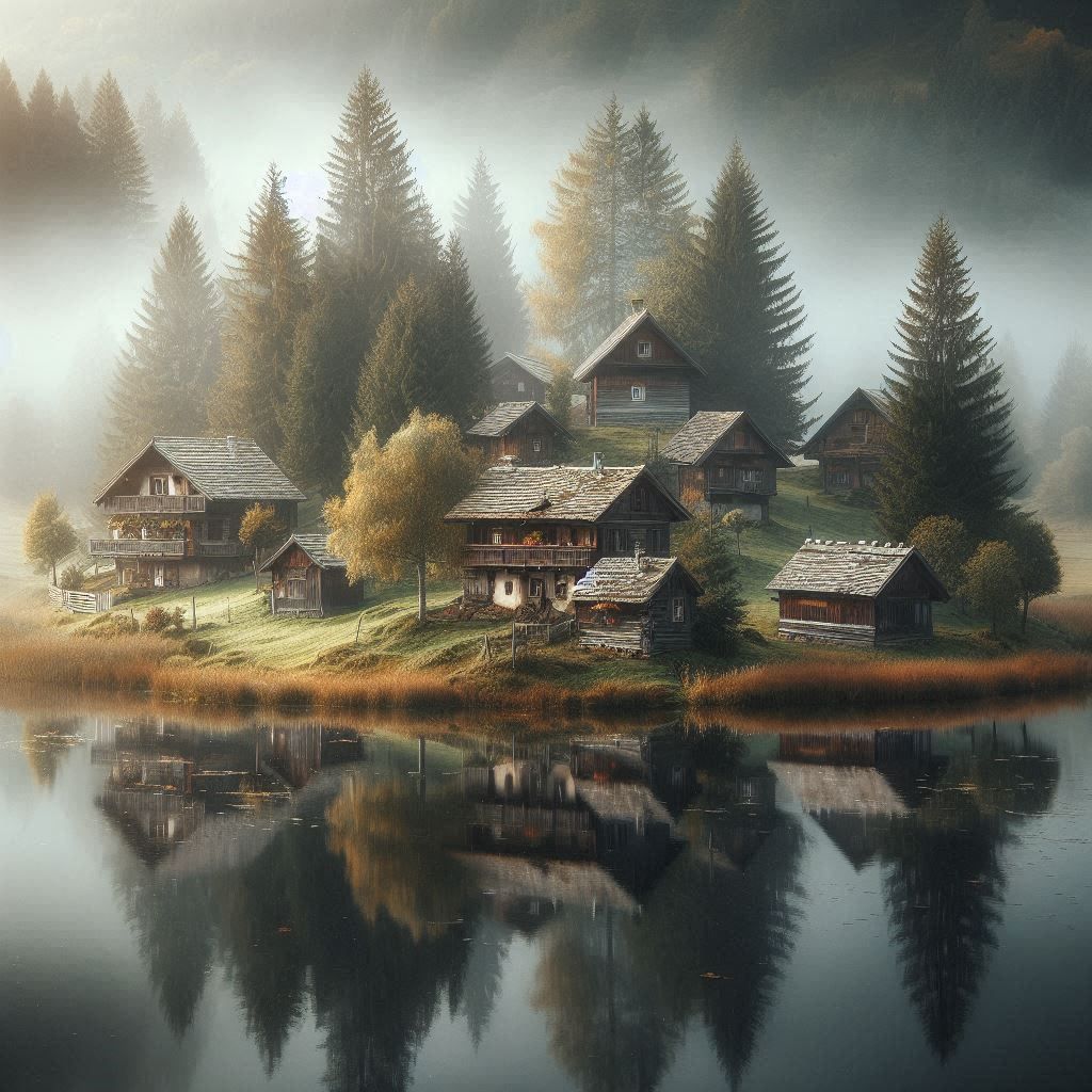🏠🏡🌫️💧🌊🌄 a small cluster of rustic houses surrounded by mist and water