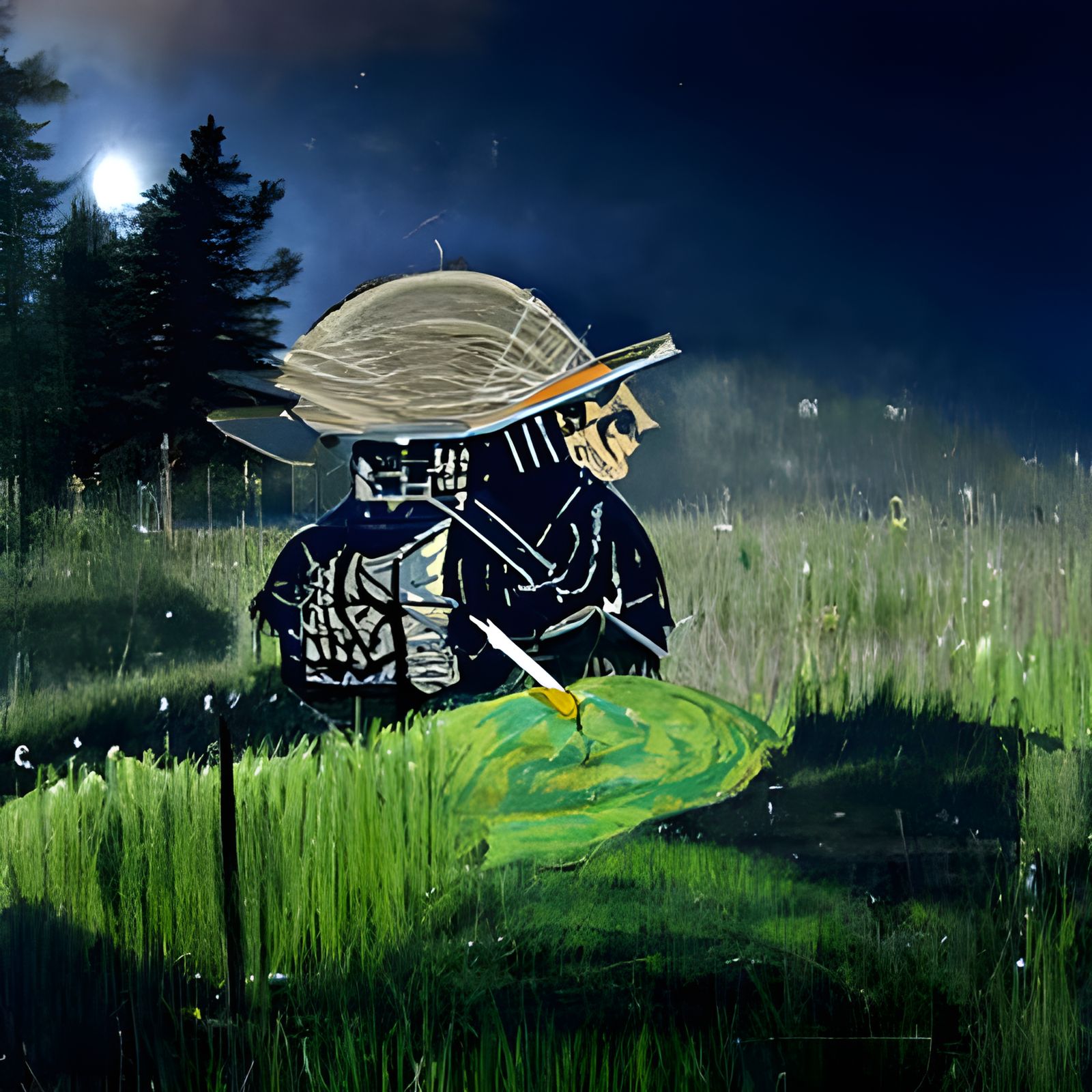 samurai holding a sword in a grass field at night