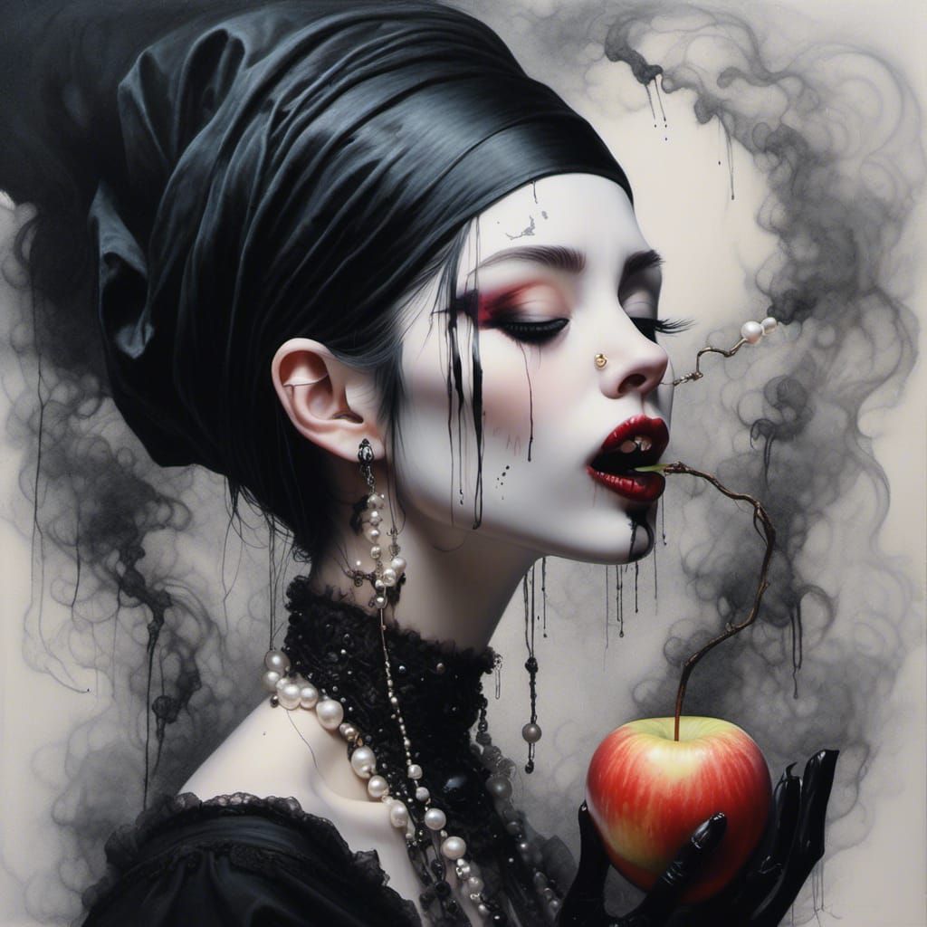 Girl with a pearl earring eating an apple  by @vixyna