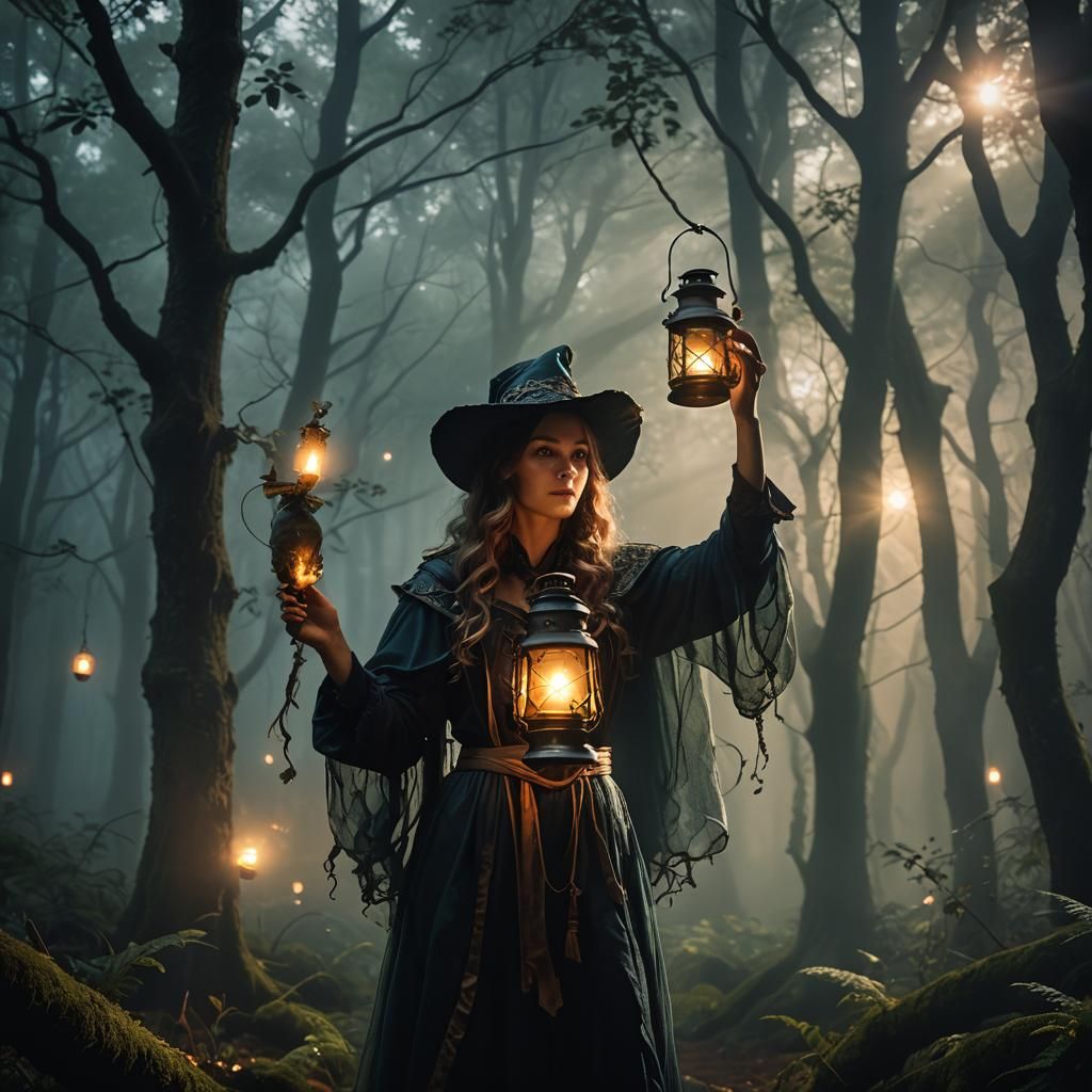 Enchanting Sorceress with Magical Lantern, Hyperrealistic Ph...