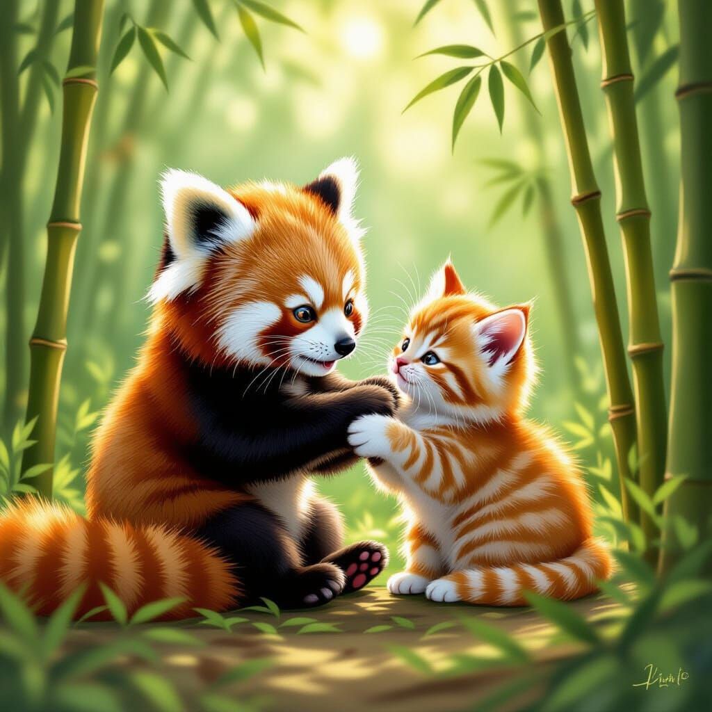 A baby red panda plays with a little kitten.  by @Marta
