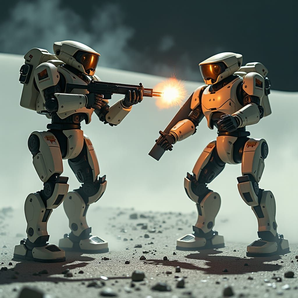 Lunar Robot Battle: A Cinematic Film Still