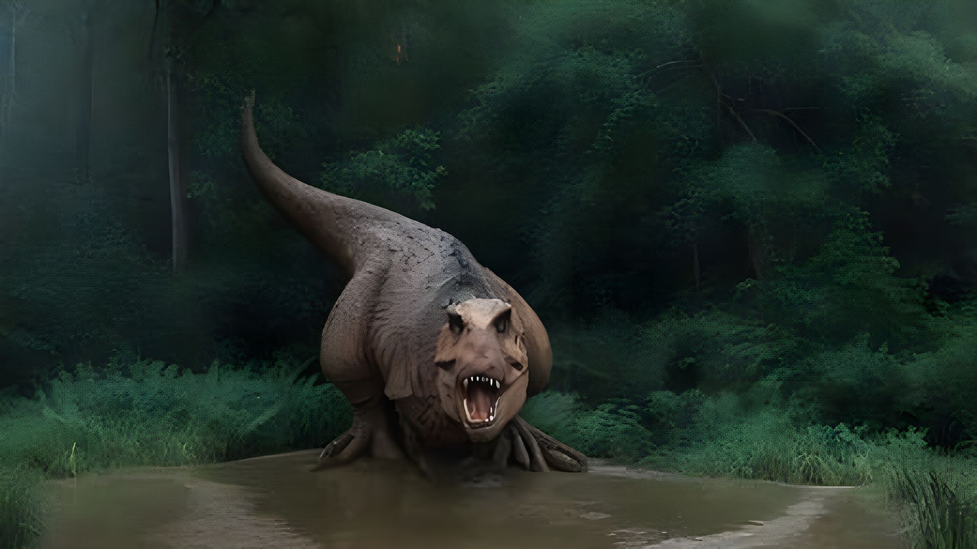 Very creative creepy fantasy art horror portraits of prehistoric giant reptile animals looking at the viewer after ending up in present