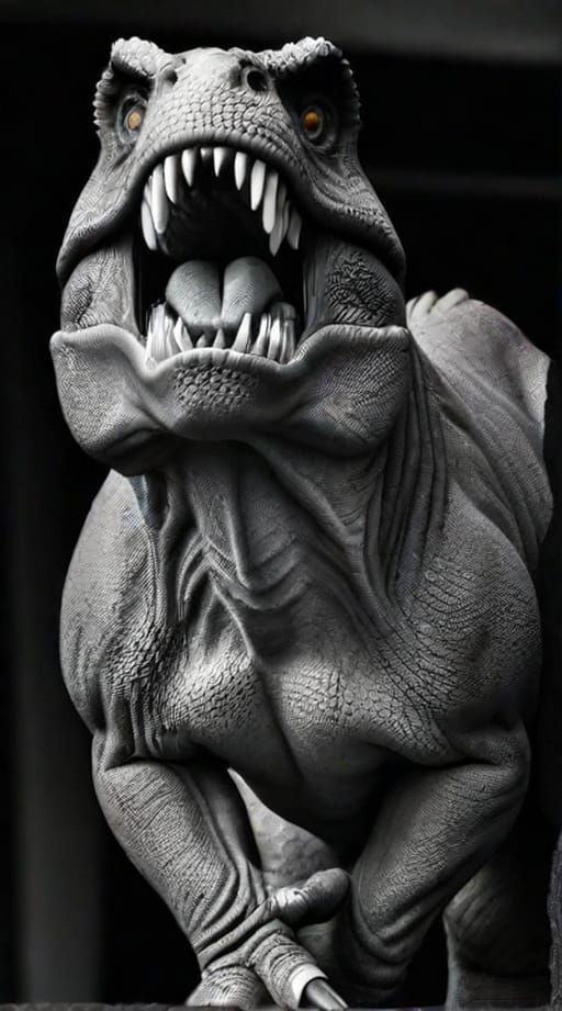 Very creative creepy fantasy art horror portrait of a prehistoric giant reptile animal T. rex looking at the viewer afte...