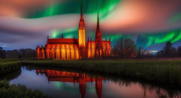 aurora over a gothic church