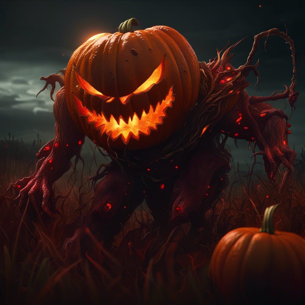 A jack-o'-lantern monster in a field under a blood moon - AI Generated ...