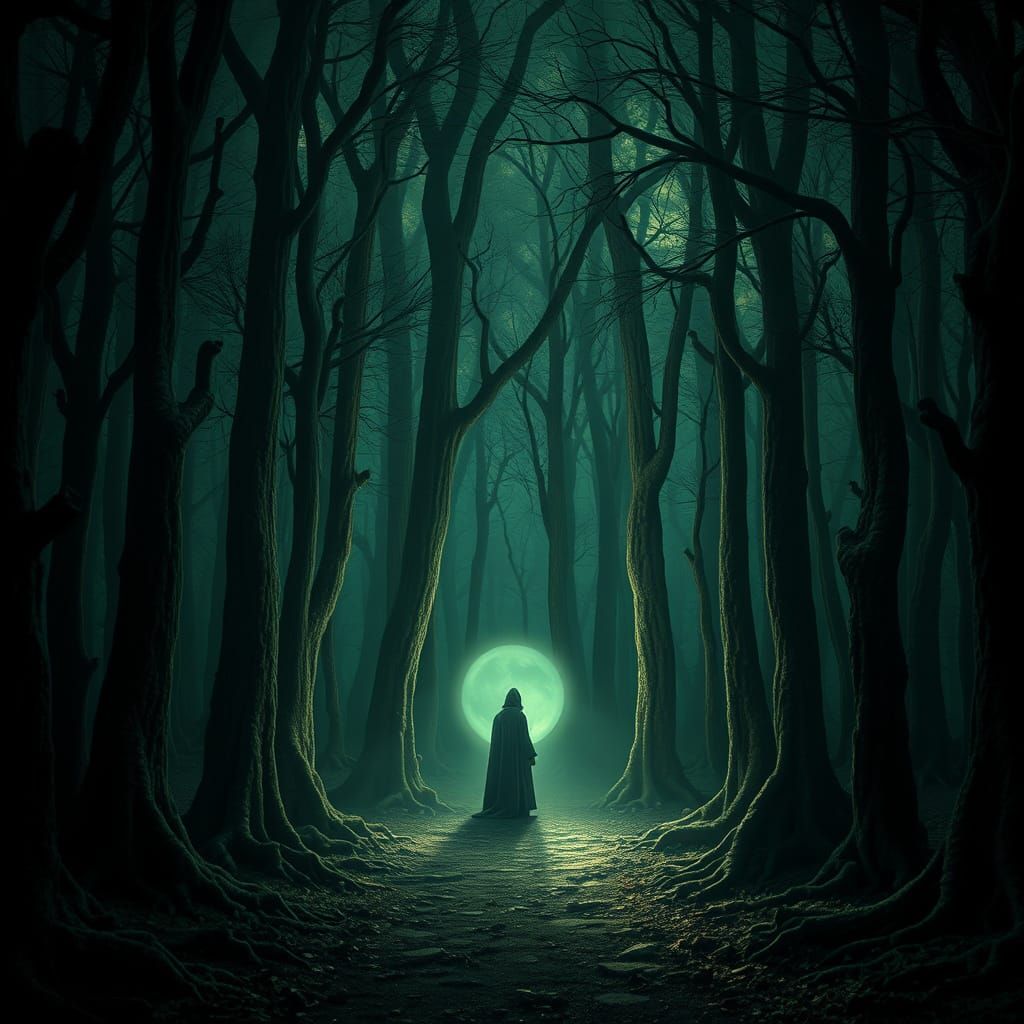 Mystical Figure in an Ancient Forest, Radiant with Otherworl...