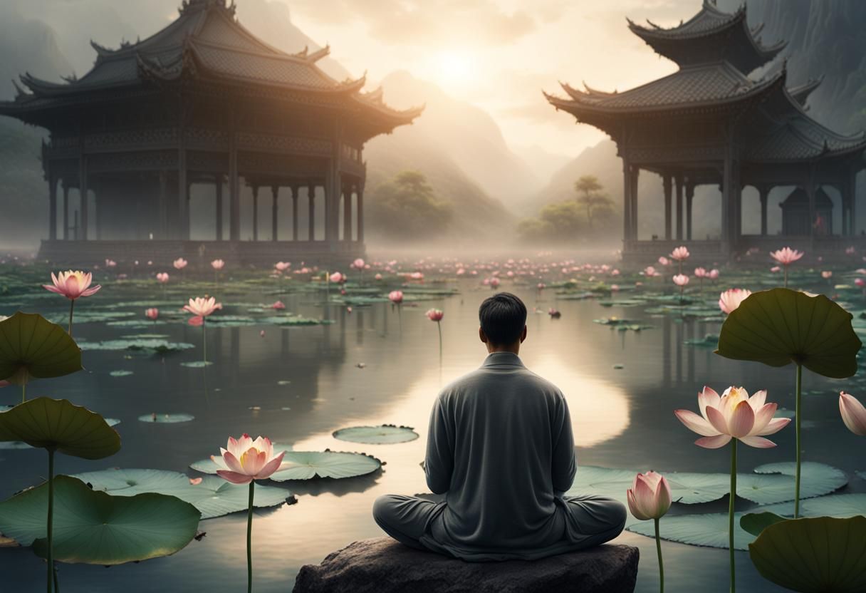 a man in grey sitting meditation in front of a gorgeous lotus pond, beautiful lotuses, view from behind, perfect composi...