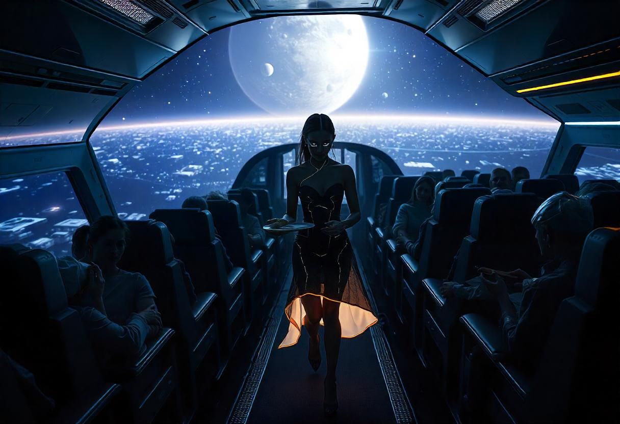 A stewardess in futuristic cybernetic clothing and a fluores...