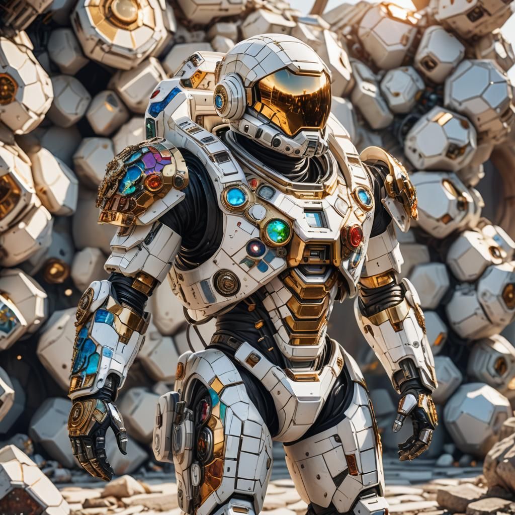 biomechanical astronaut in white armor made of multi-colored...