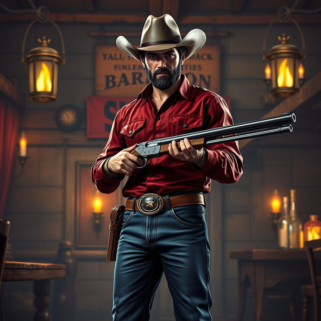 geometric gothic, rugged,  cowboy,, metalic and coffee inks,  with  dark  hair,  ,  wild west jeans, button down shirt, red and black color,... - Start Image 1