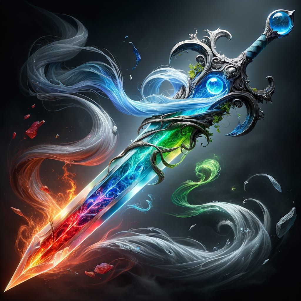 A crystalline sword infused with fire, water, earth, and air.  by @MoDog