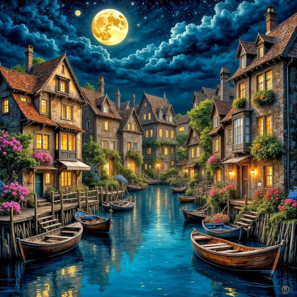 <lora:ENCHANTMENT:1.0> a beautiful night landscape a fishermen village with canals, boats, cottages and flowersfull moon,  watercolour, dark...