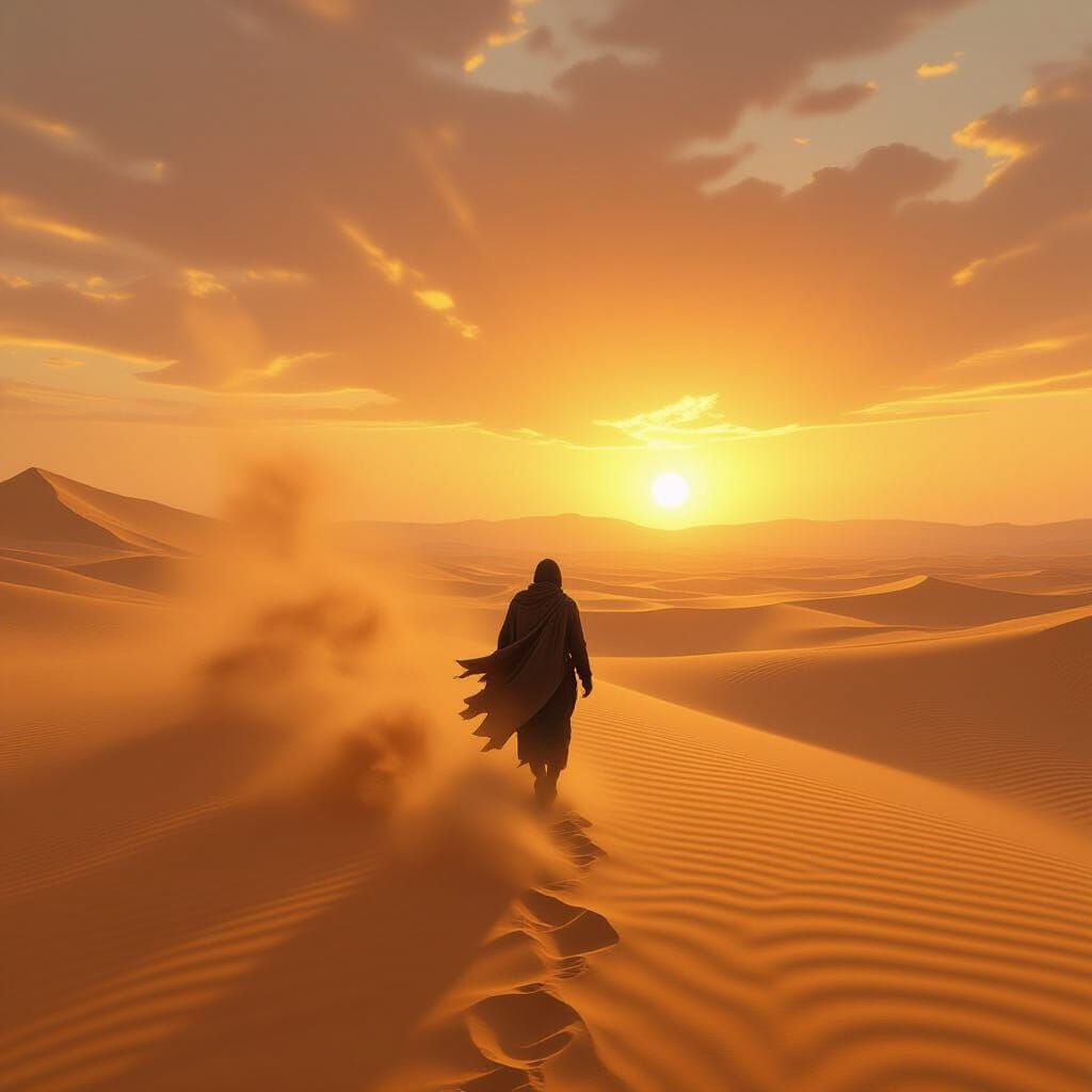 Solitary Traveler in Windswept Desert Landscape