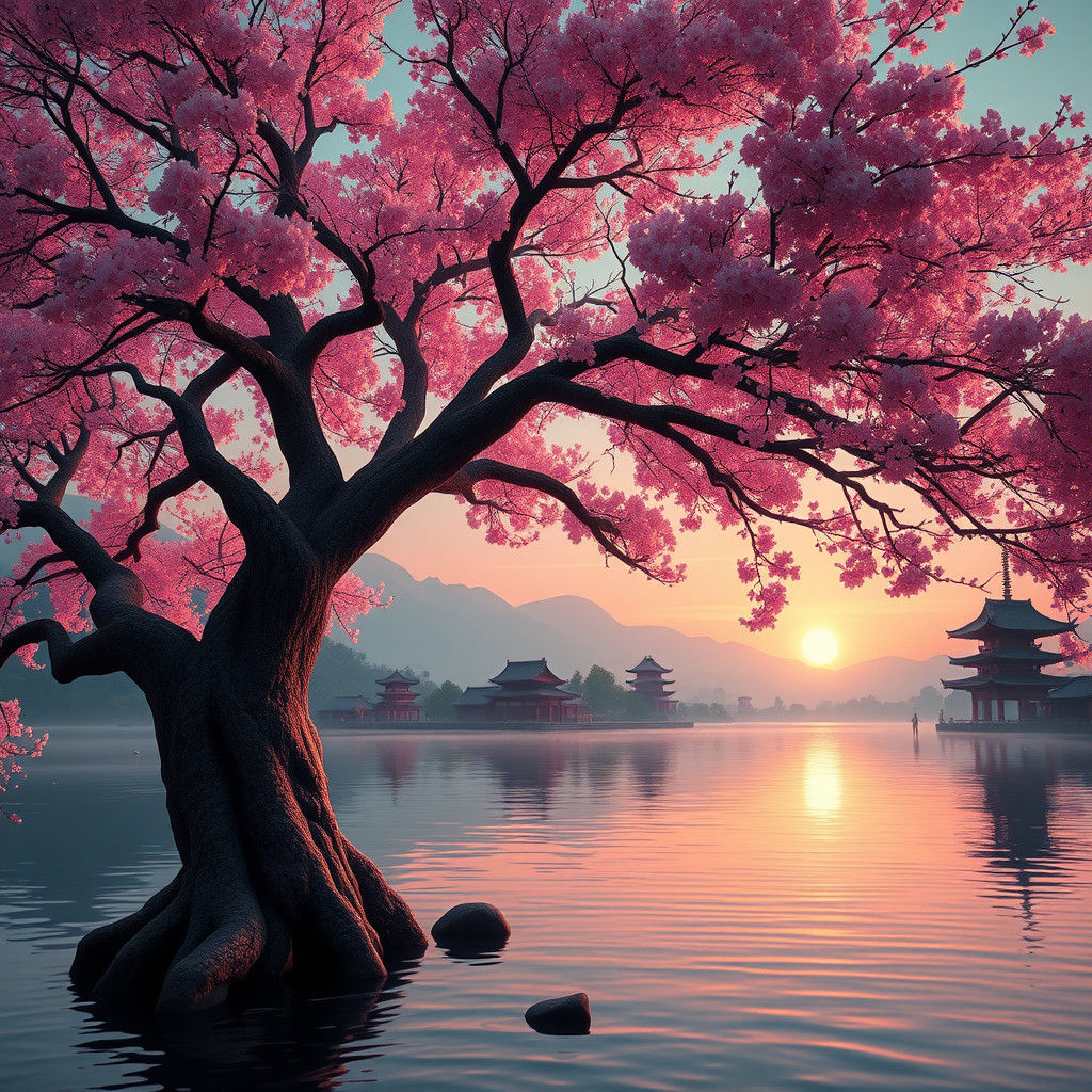 Sakura Tree by Lake: Detailed Matte Painting