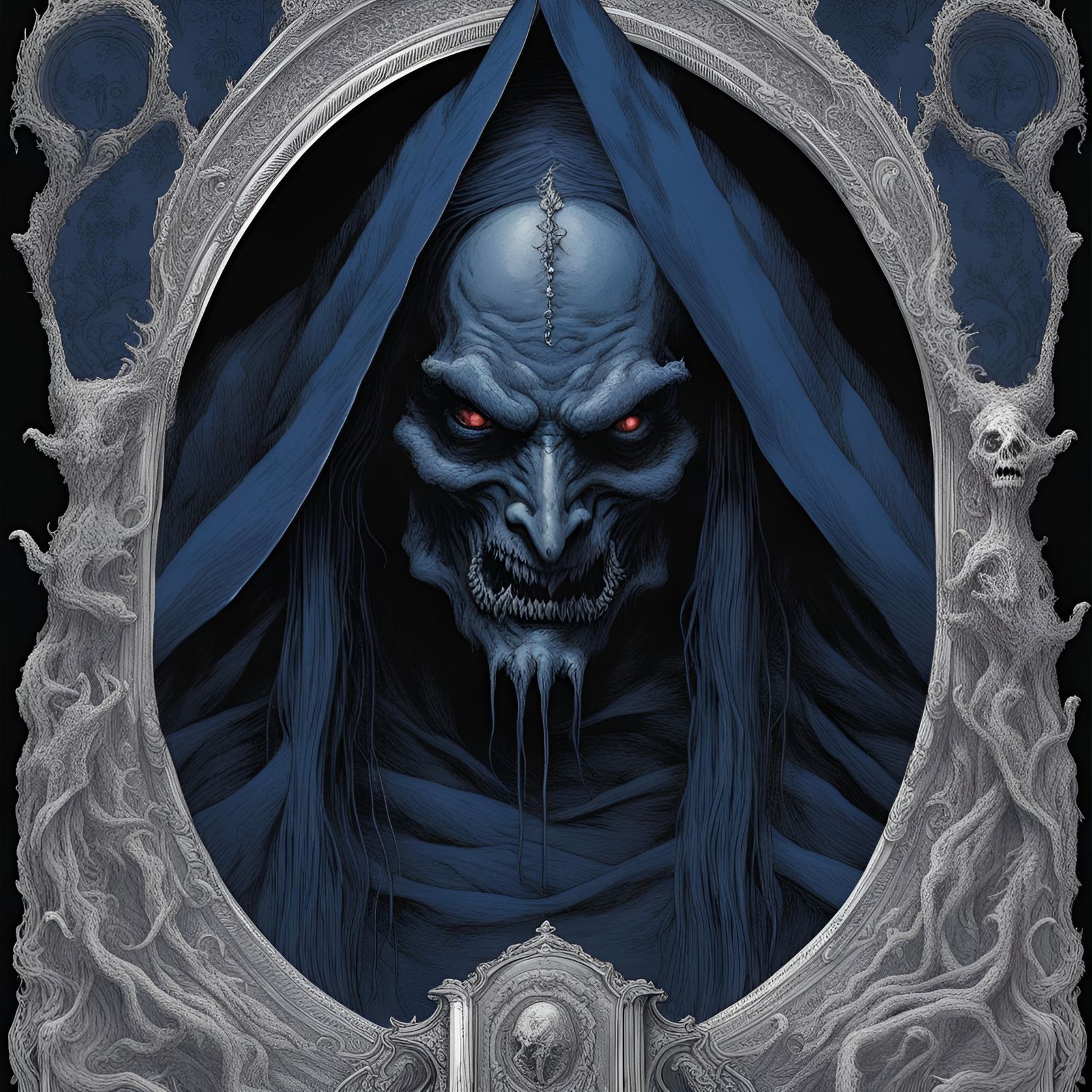 Demon of Book,dark blue,in the style of Eerie Magazine,black...