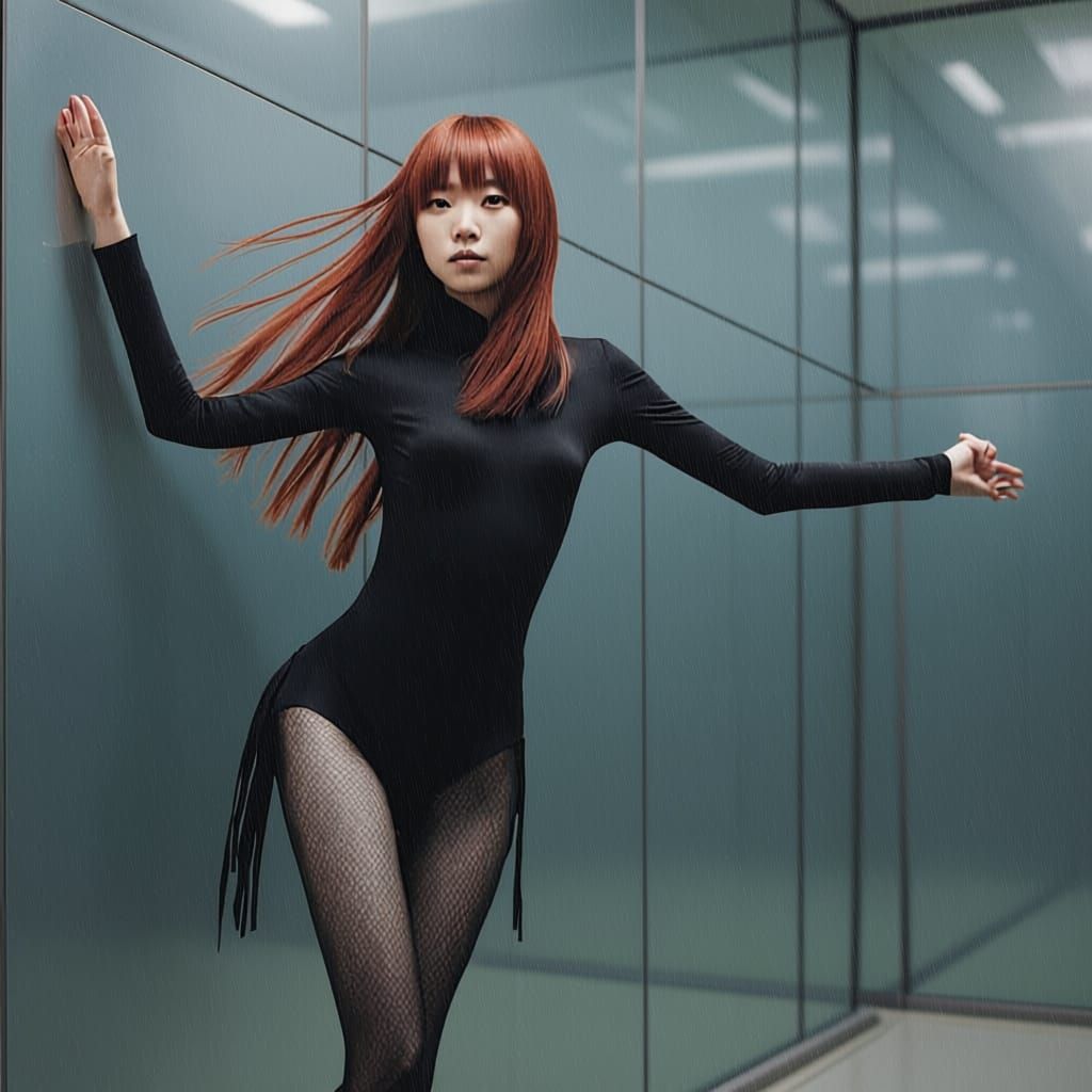 A slender young Japanese woman stands directly against a wall with her arms and legs spread out wide. She has long scarlet hair which is pil...
