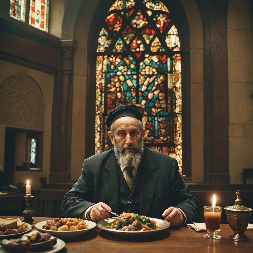 Rabbi Eats Jewish Food in Synagogue: Cinematic Still
