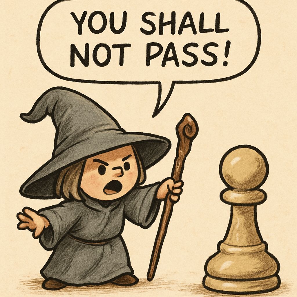 A little wizard with a big hat saying casting a spell into a pawn chess piece.
