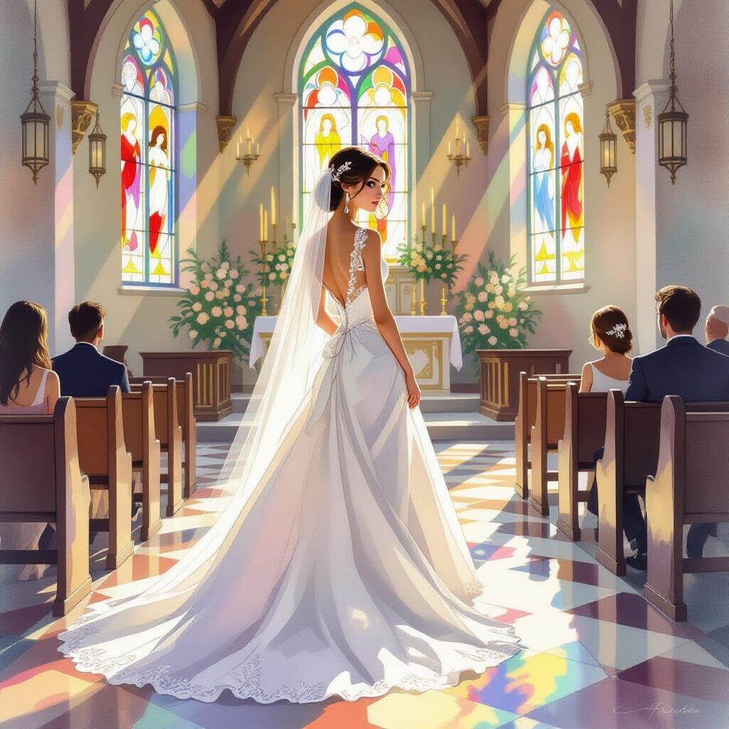 Ethereal Bride in Sunlit Church in Watercolor Style
