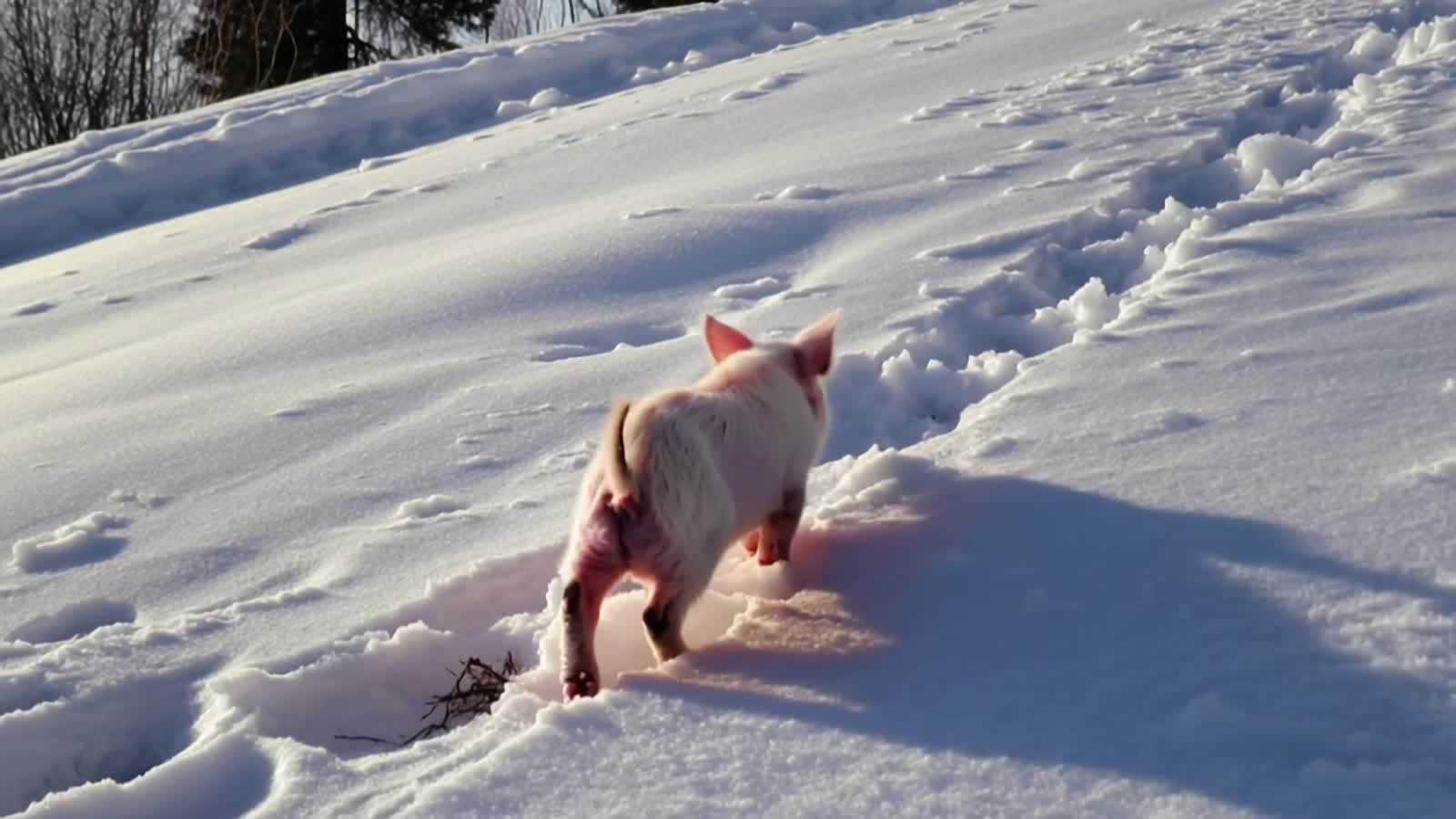 A happy piglet running up a snowy hill