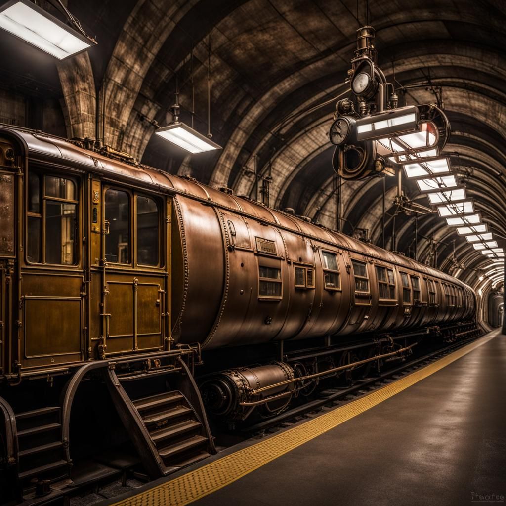 An underground steampunk train in a tunnel with a long zoom out side angle view showing a very old very ...  by @Fredericco