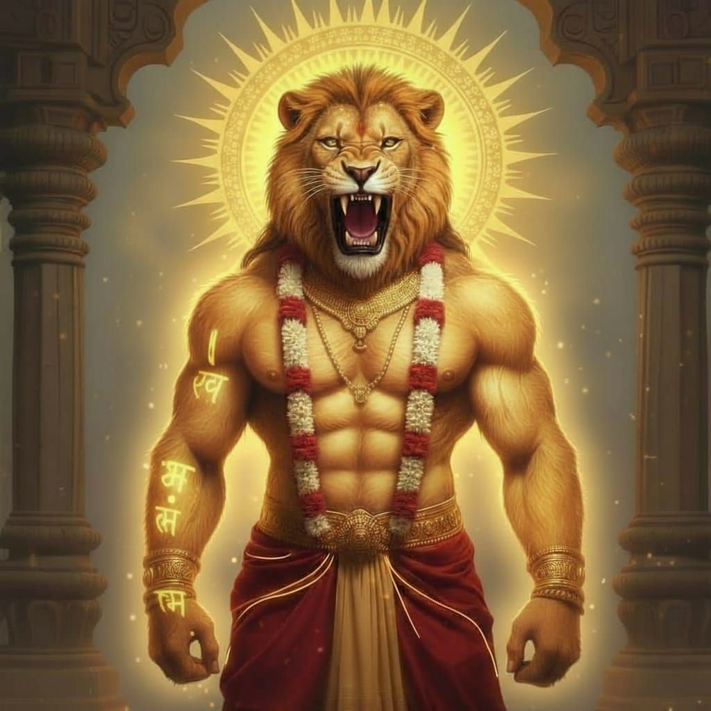 A majestic Indian God Shri Narasimha dev created with light. He is half lion and half man. He is perfect blend of fearce and calmness with d...