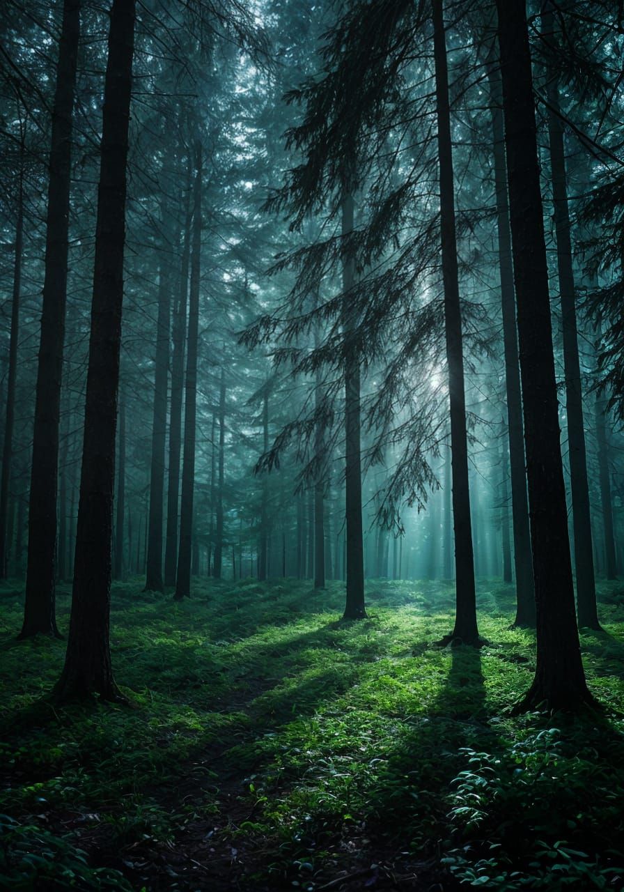 A forest at night with a soft greenish-blue light, elegant and ethereal, shining through the upper branches of the trees.