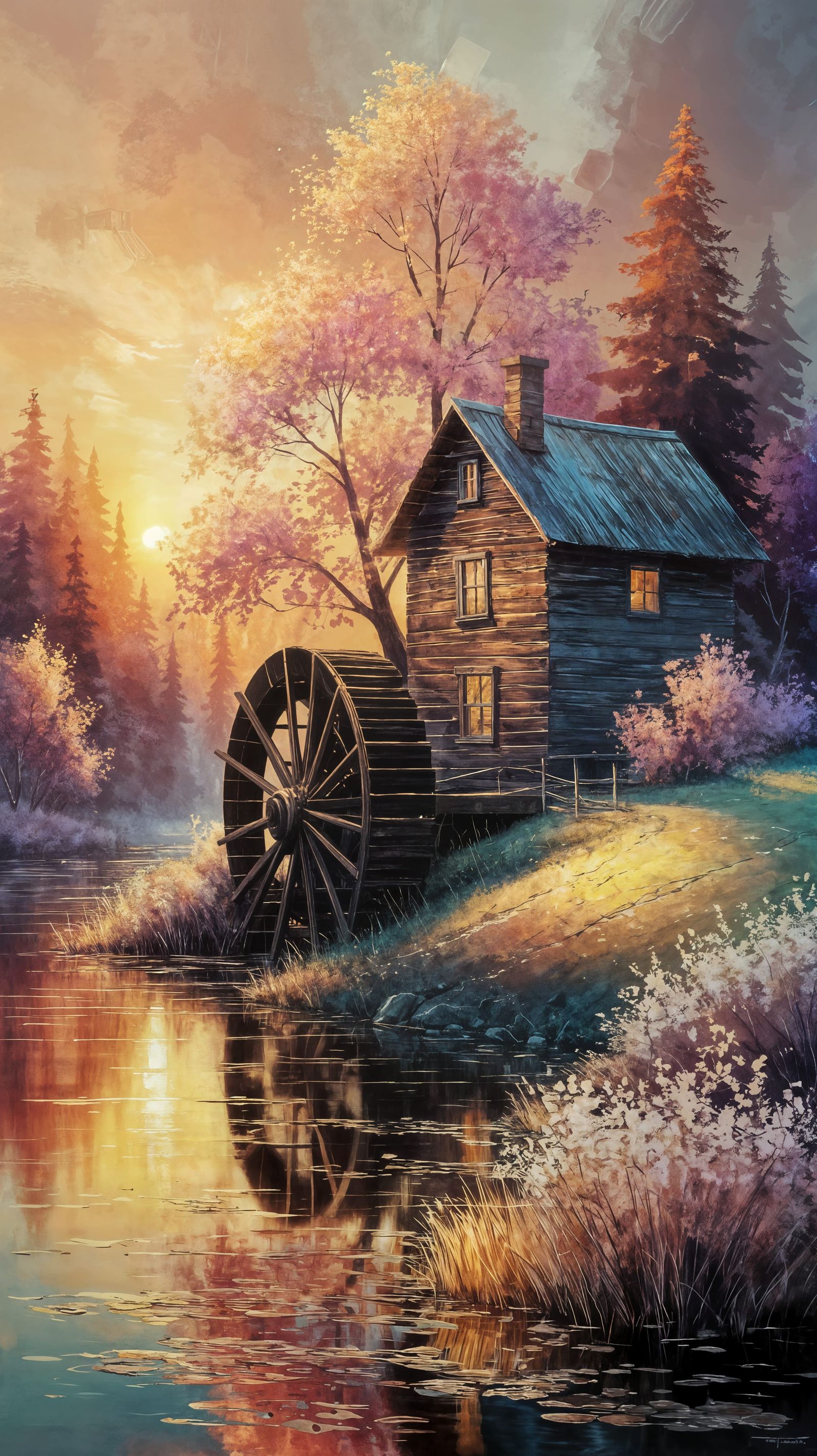 Expressionist Sunrise Water Mill Scene in Oil Painting