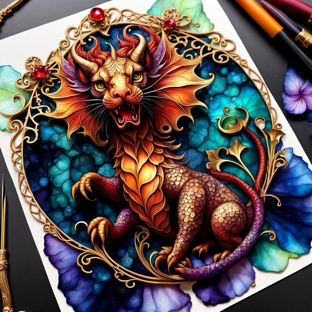 Filigree, Manticore, alcohol ink, deep saturation, 🧚‍♀️, 🌠...