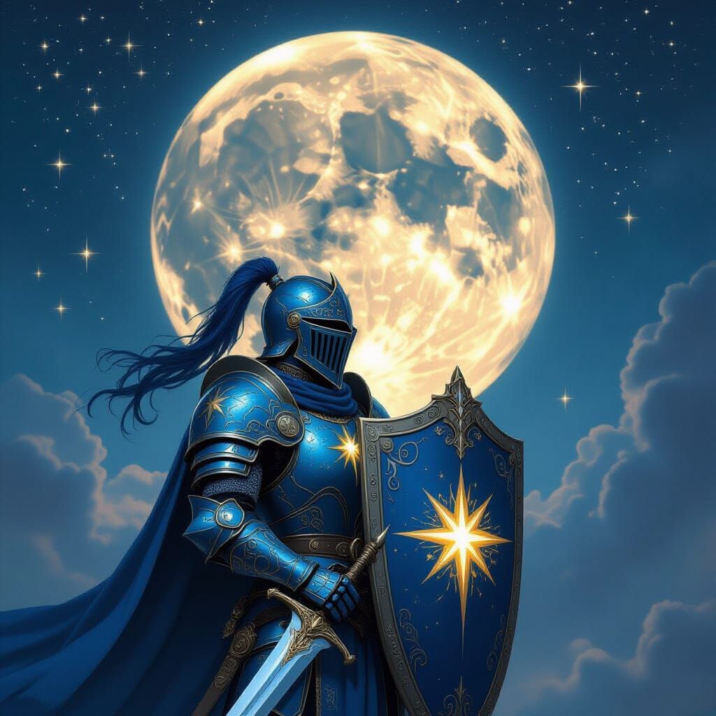 A knight in Blue armor And a Tower shield with a Star on it. Holds a Sword that seems to look made of star steel. He looks up at a sinister ...