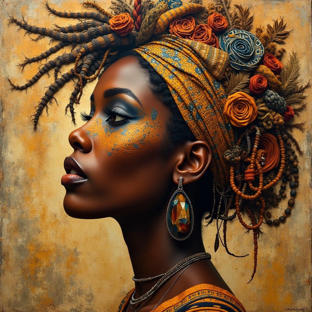 A mesmerizing geometric art piece showcasing a Black woman's profile, constructed from interwoven strips ...  by @Jai