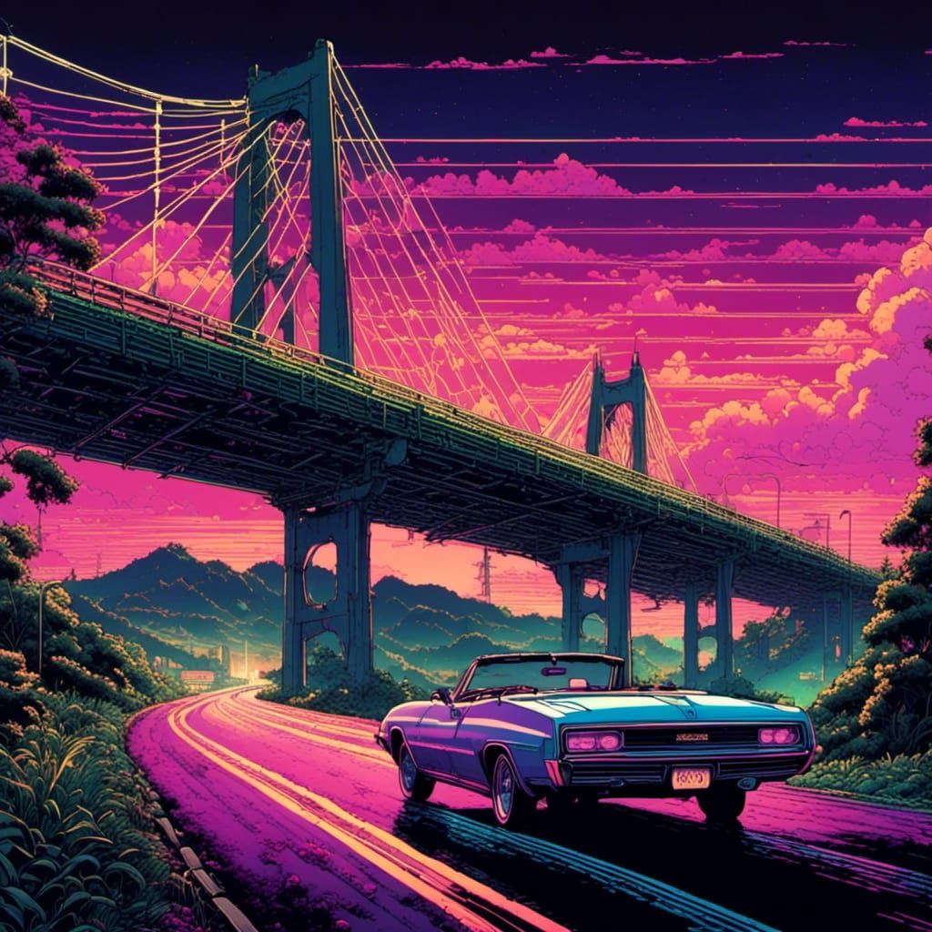 <lora:Vapor:1.0> tearing it over Kiyosu Bridge and out into the countryside at 3 a.m., the night of graduation, in an old Pontiac convertibl...