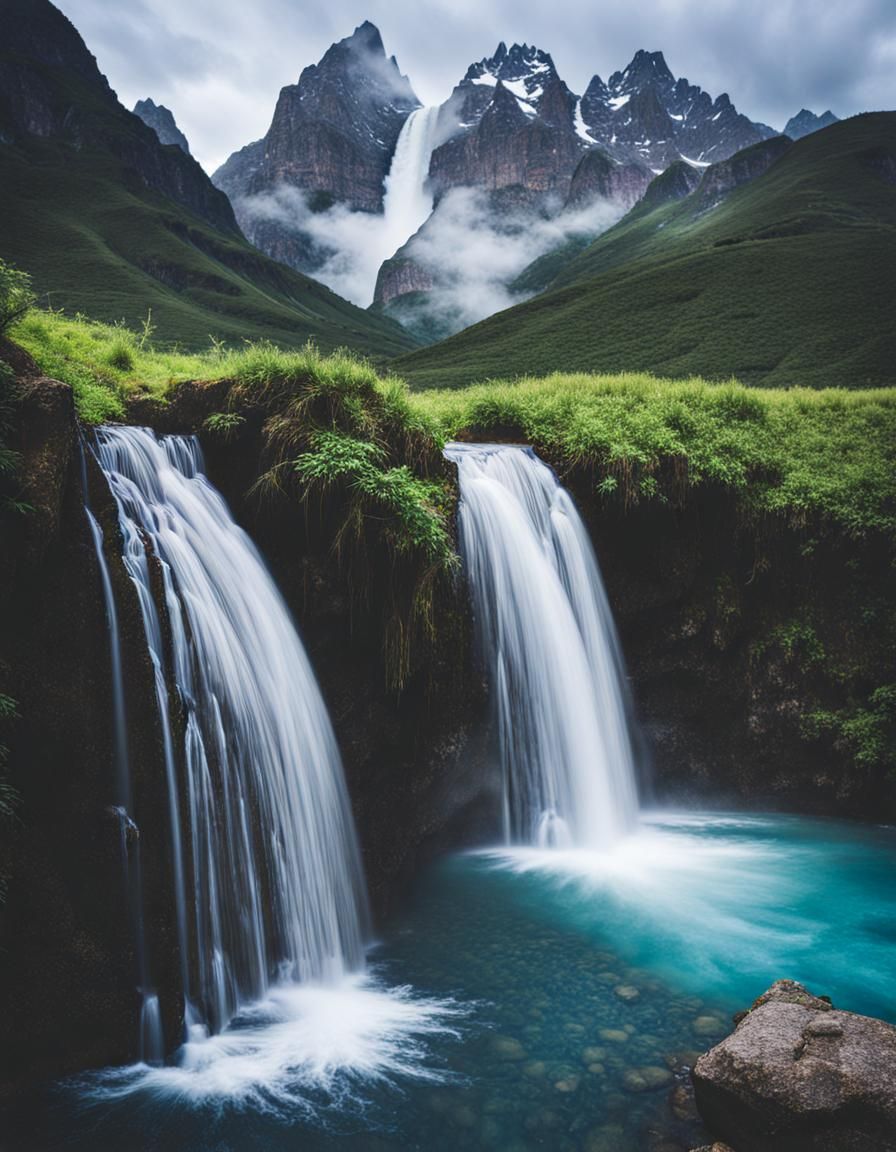Waterfall and mountains