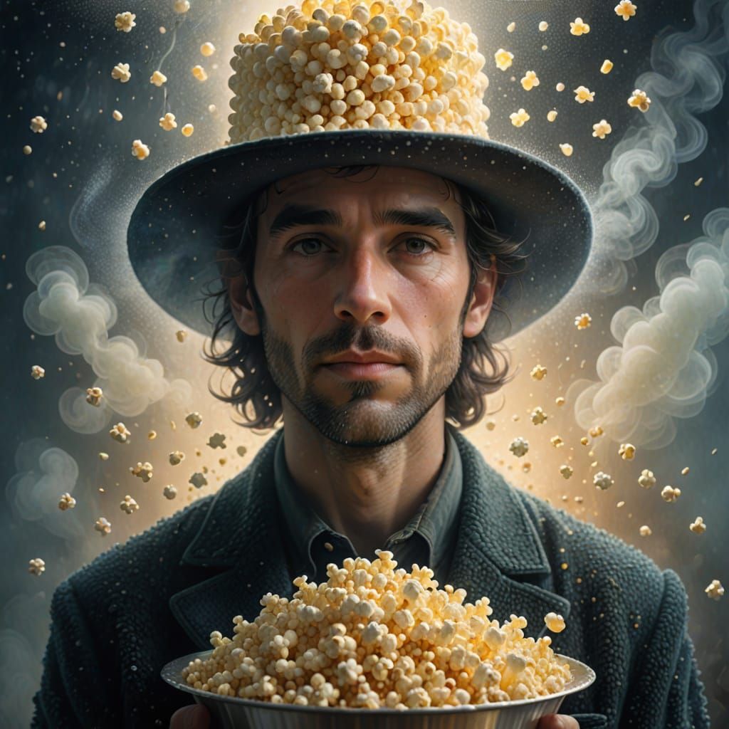 Man wearing a hat made out of popcorn.  by @Wildlife51